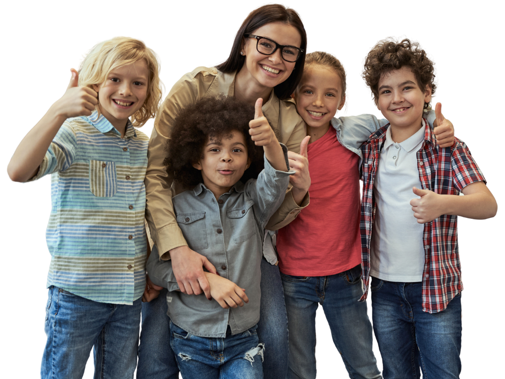 Four kids and a teacher happily posing together showcasing the happiness in their face, all giving thumbs up.