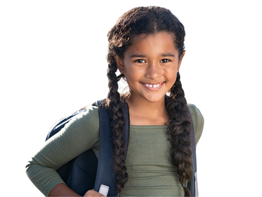 A smiling girl with long braided hair, wearing a green top and carrying a backpack.